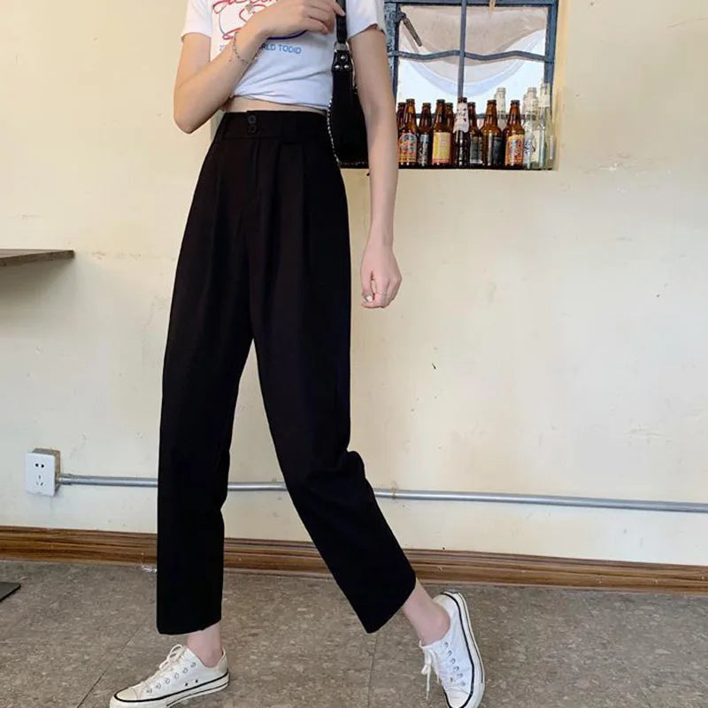 Black Gray High Waist Suit Pants - Loose Nine Point Trousers