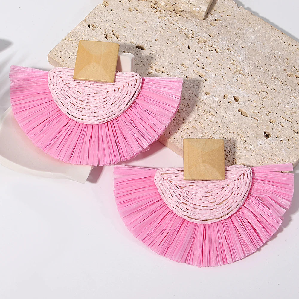 Handmade Raffia Fan Drop Earrings - Wooden Rattan Summer Jewelry