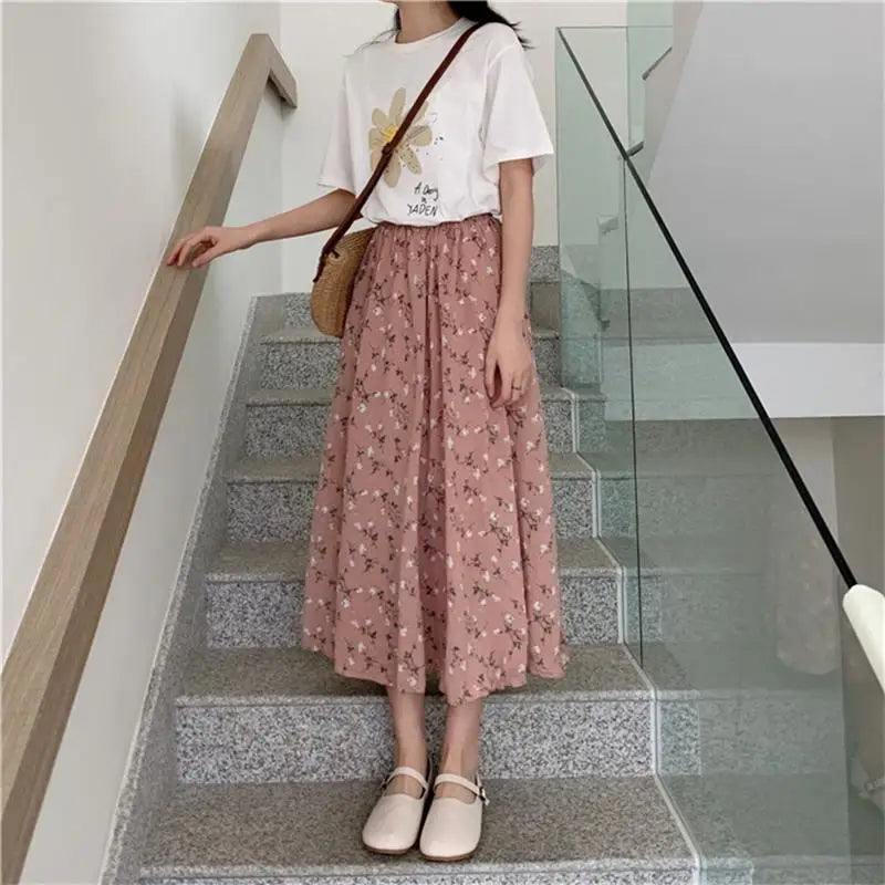 Vintage Floral Pleated Midi Skirt - Drawstring Elastic Waist Summer Skirt