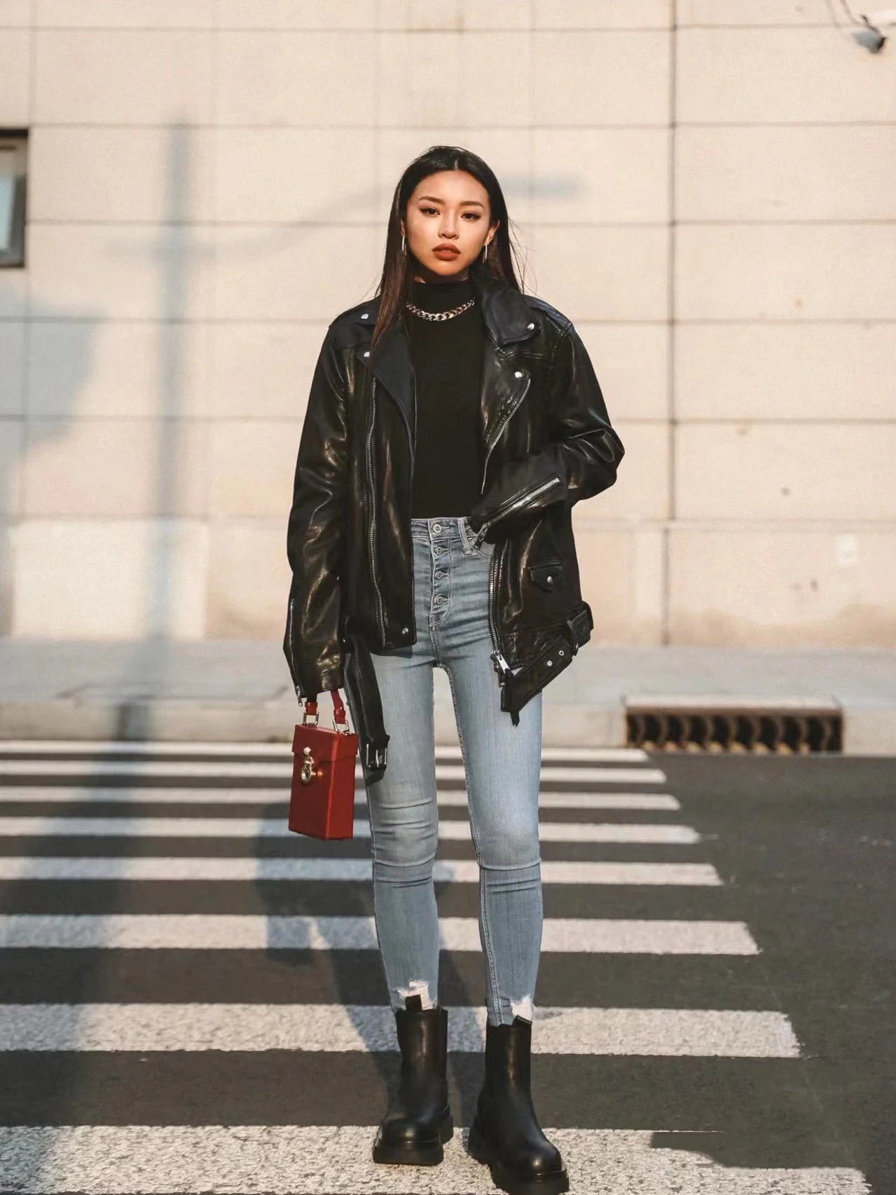 Loose Black PU Motorcycle Jacket - Imitation Leather Autumn Outerwear