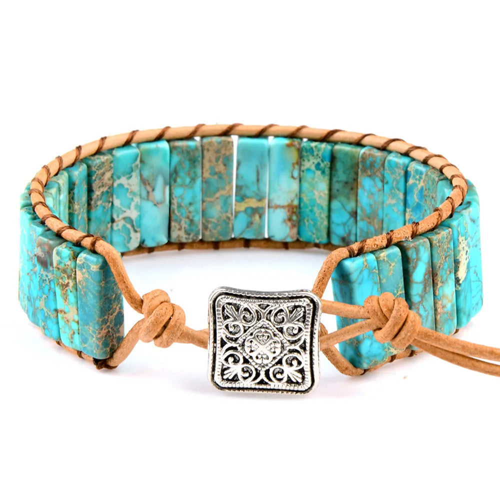 Multicolor Natural Stone Leather Wrap Bracelet - Tibetan Gypsy Bead Jewelry
