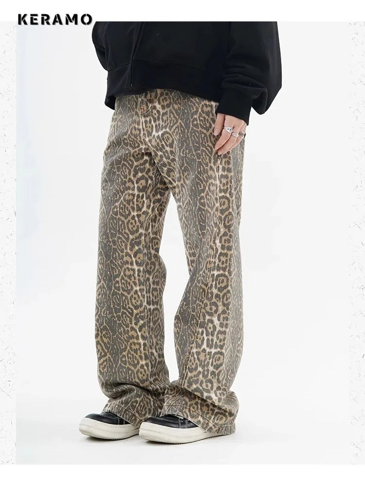 Leopard Print Wide Leg Jeans - Oversized High Waist Denim Pants