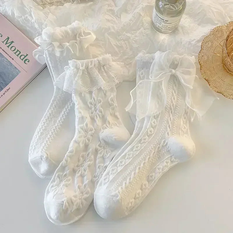 Lace Bow Ruffle Socks - Japanese Lolita Mid Tube Stockings