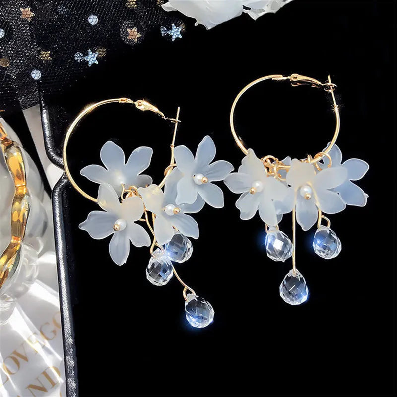 Crystal Flower Drop Earrings - Korean Long Tassel Gift Jewelry