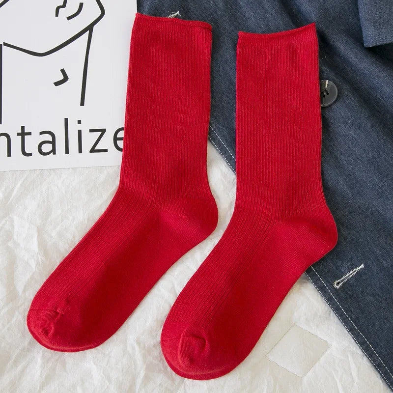 Solid Color Crew Socks - Breathable Preppy Korean Socks