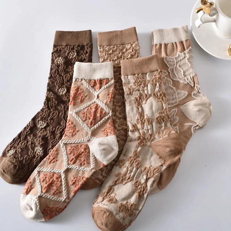 Floral Embossed Knit Socks - Retro Harajuku 5 Pair Style