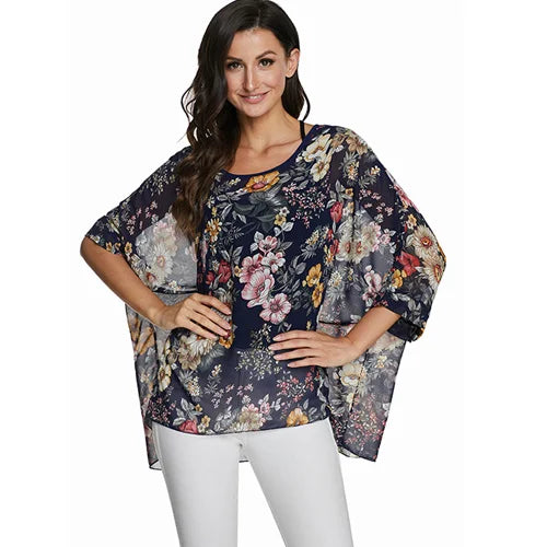 Plus Size Batwing Chiffon Blouse - Boho Loose Summer Shirt