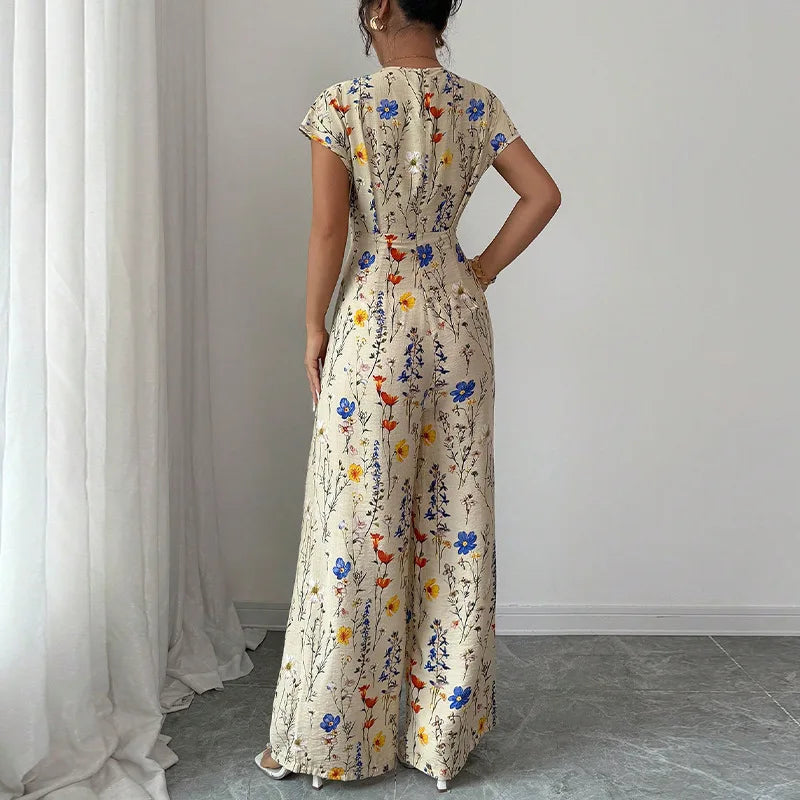 Floral Short Sleeve Jumpsuit - High Waist Straight Leg Summer Outfit
