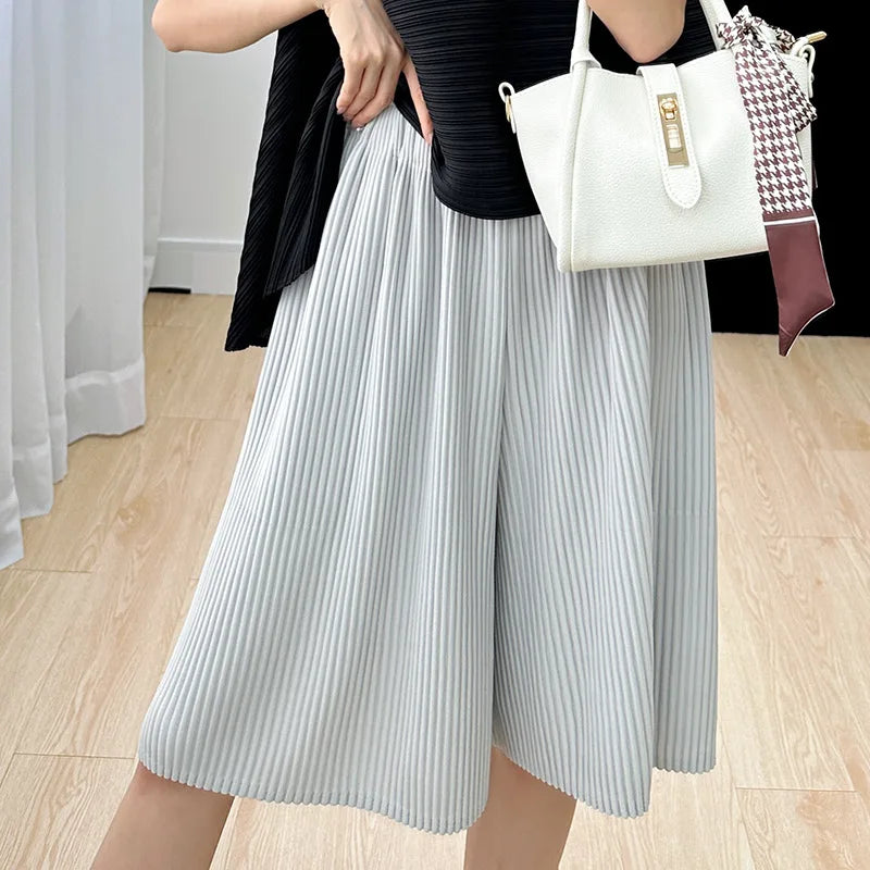 Pleated Five Point Shorts - Loose High Waist Drape Summer Mid Pants
