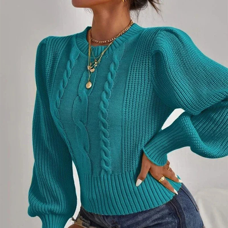 Lantern Sleeve Knitted Sweater - Solid Loose Autumn Pullover