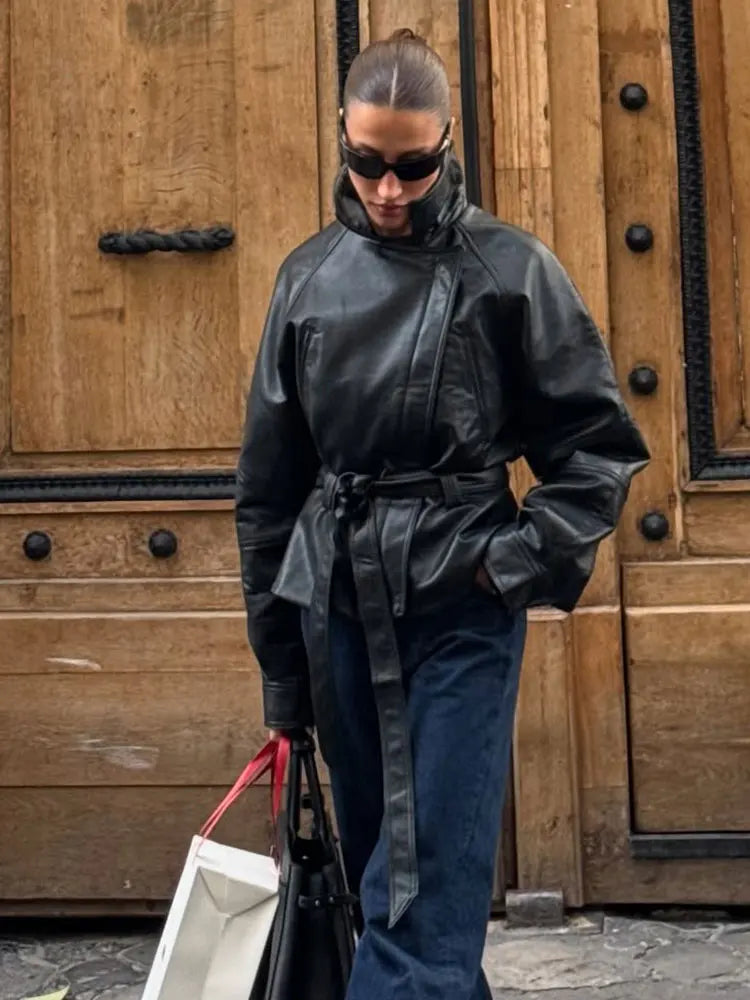 Faux Leather Belted Trench Jacket - Short Motorcycle Style Coat