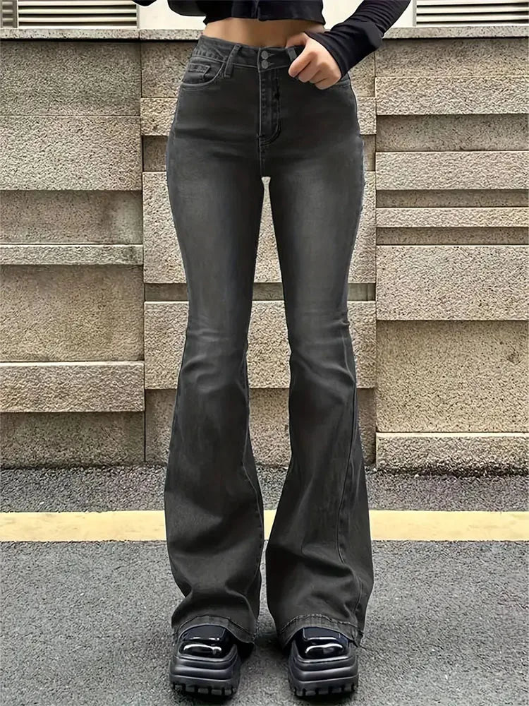 Flare Stretch Bell Bottom Jeans - Gray High Waist Y2K Denim
