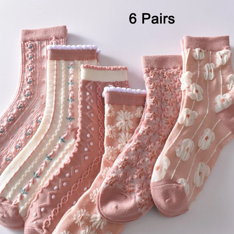 Floral Embossed Knit Socks - Retro Harajuku 5 Pair Style