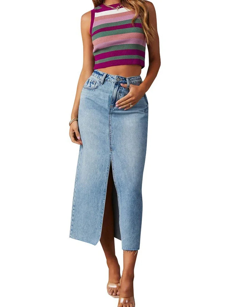 Washed Denim A-Line Midi Skirt - High Waist Split Vintage Long Skirt
