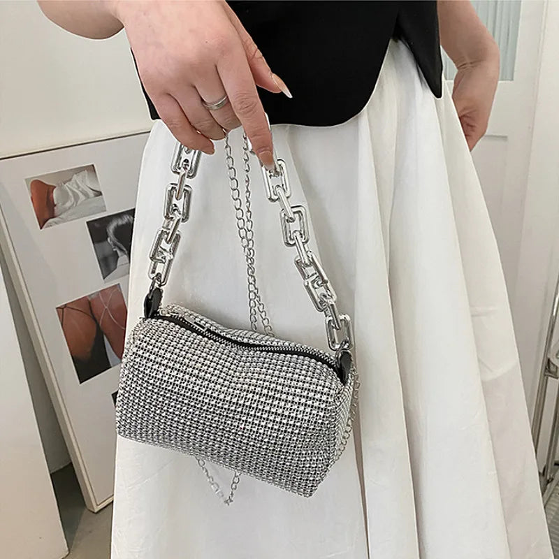 Glitter Rhinestone Bucket Bag - Mini Chain Prom Crossbody Purse