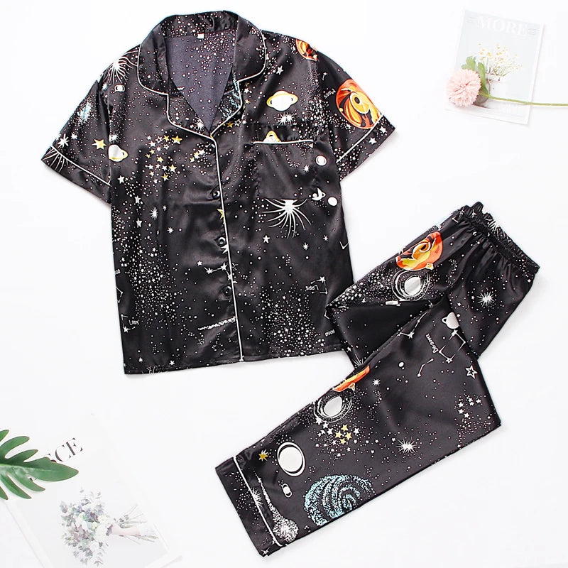 Satin Floral Pajama Set - Button Shirt and Shorts Sleepwear