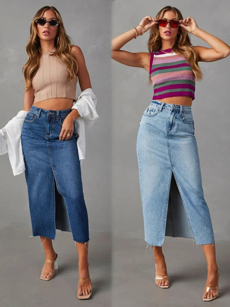 Washed Denim A-Line Midi Skirt - High Waist Split Vintage Long Skirt