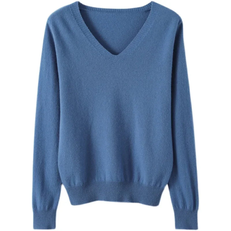 V Neck Stretch Pullover Sweater - Slim Solid Knitwear Top