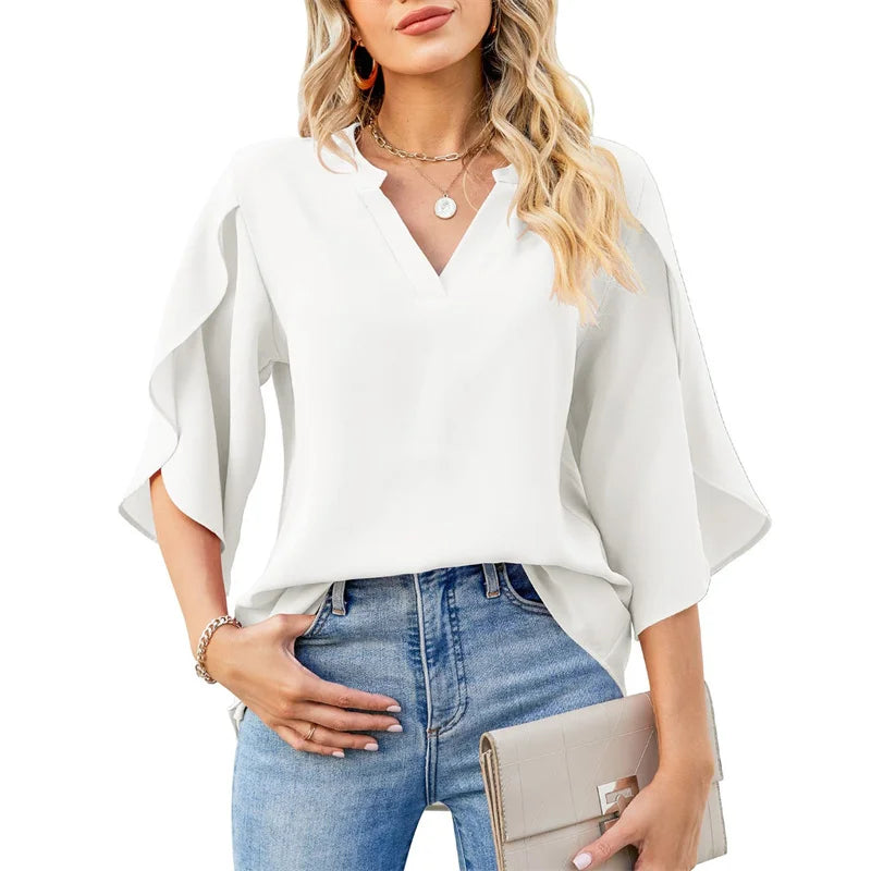 V Neck Chiffon Blouse - Loose Short Flare Sleeve Summer Top
