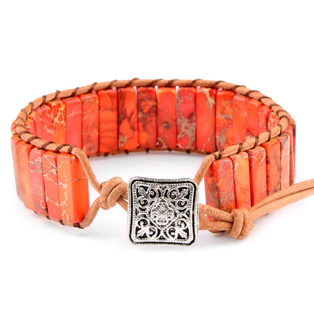 Multicolor Natural Stone Leather Wrap Bracelet - Tibetan Gypsy Bead Jewelry