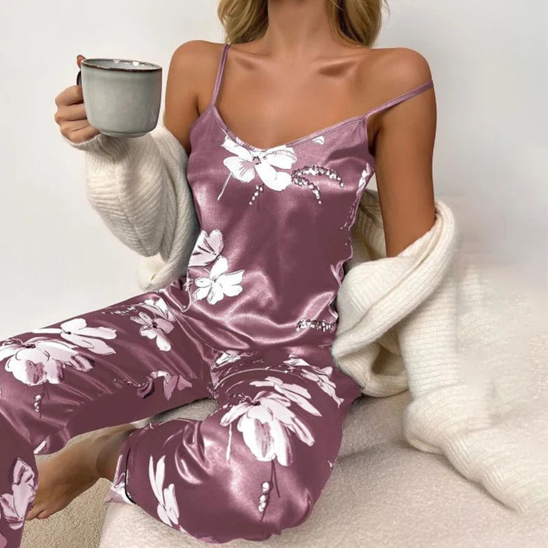 Satin Cami Vest Pajama Set - V Neck Top and Trousers Nightwear