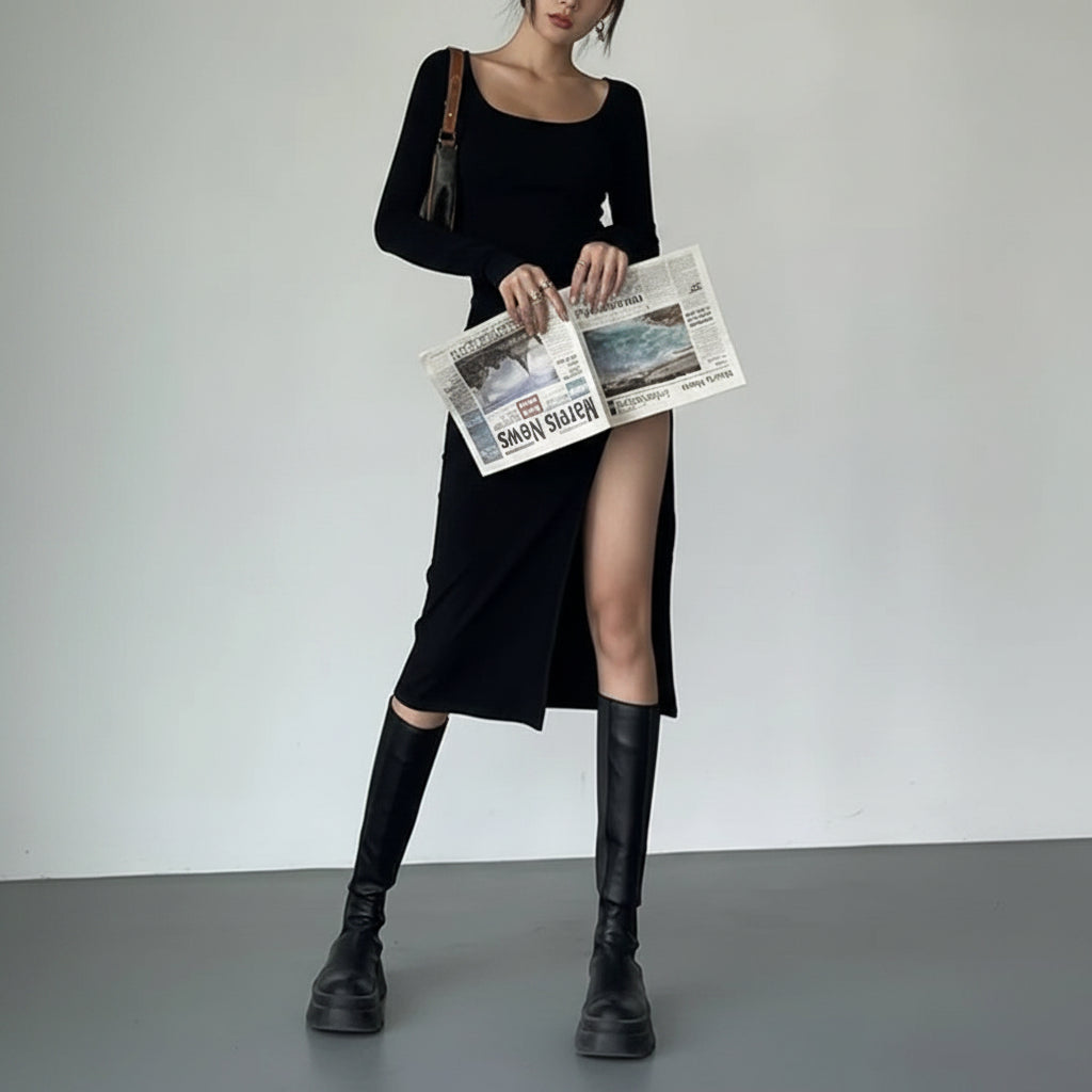 Long Sleeve Split Bodycon Dress - Black Y2K Streetwear Outfit