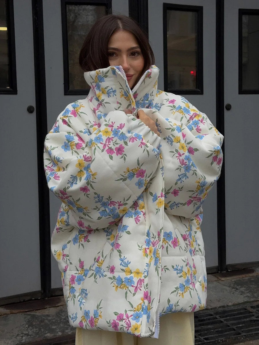 Floral Print Puffer Jacket - Stand Collar Warm Cotton Filled Coat