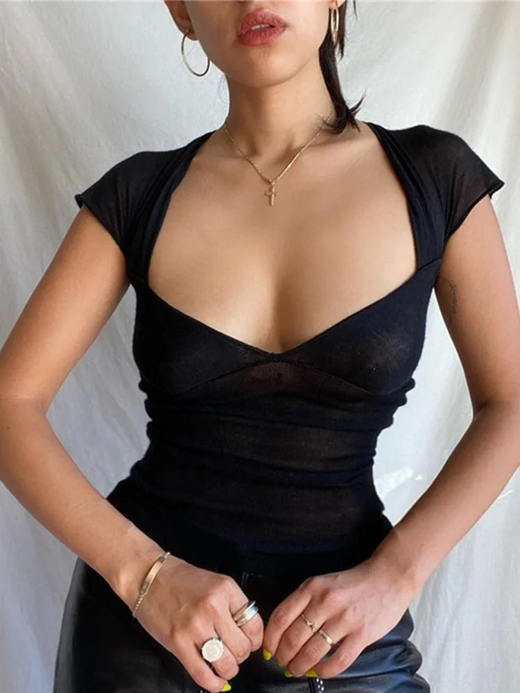 Square Collar Backless Crop Top - Slim Summer Short Sleeve Tee