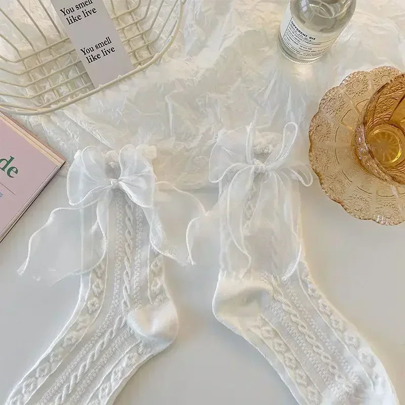 Lace Bow Ruffle Socks - Japanese Lolita Mid Tube Stockings