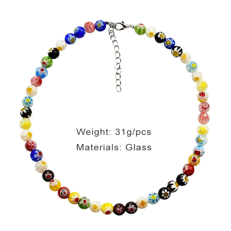 Multicolor Glass Bead Short Necklace - Boho Spring Summer Jewelry