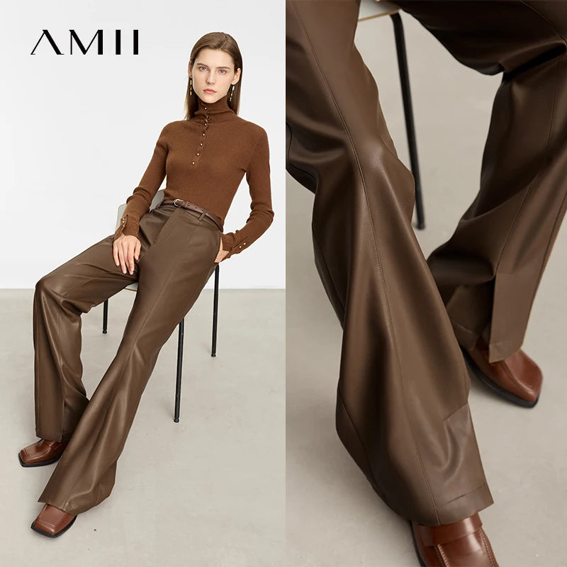 PU Leather Straight Slit Pants - Minimalist Floor Length Trousers