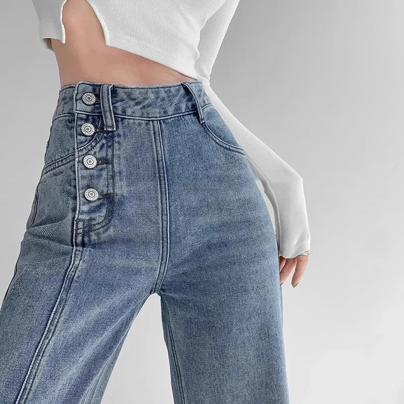 Loose Straight Leg High Waist Jeans - Draped Wide Leg Denim Pants