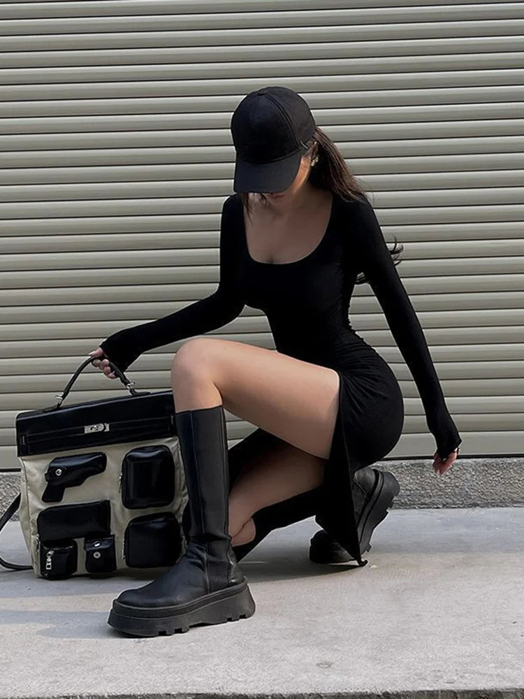 Long Sleeve Split Bodycon Dress - Black Y2K Streetwear Outfit