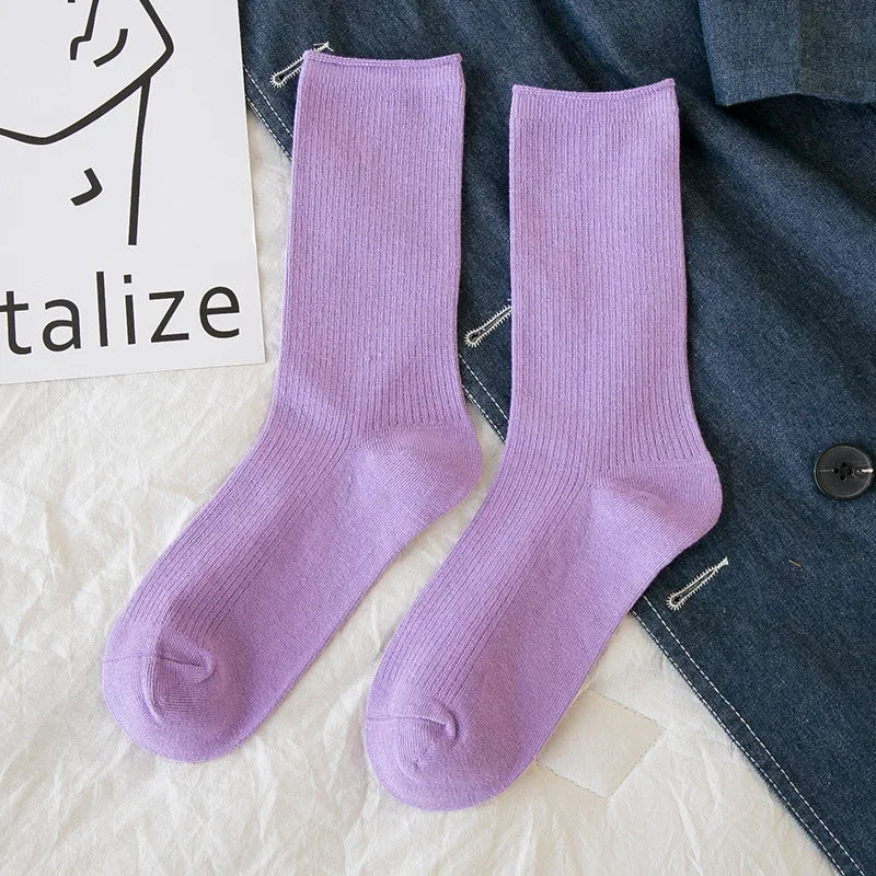 Solid Color Crew Socks - Breathable Preppy Korean Socks