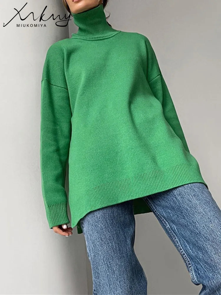 Side Split Turtleneck Sweater - Oversize Knitted Autumn Pullover