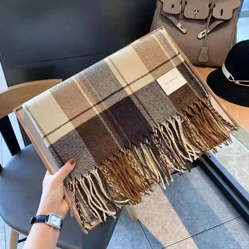 Plaid Cashmere-Feel Winter Scarf - Long Tassel Shawl Wrap