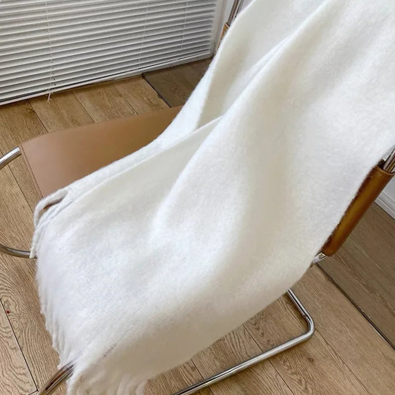 Soft Solid Winter Scarf - Long Tassel Mohair-Feel Wrap