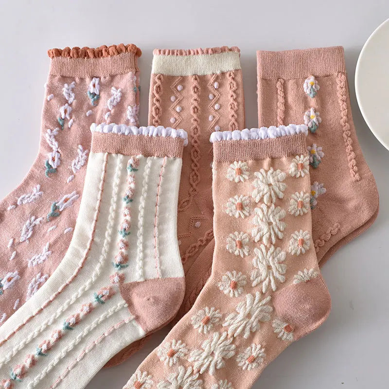Floral Embossed Knit Socks - Retro Harajuku 5 Pair Style