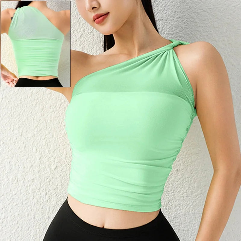One Shoulder Yoga Sports Bra - Wire Free Push Up Crop Top