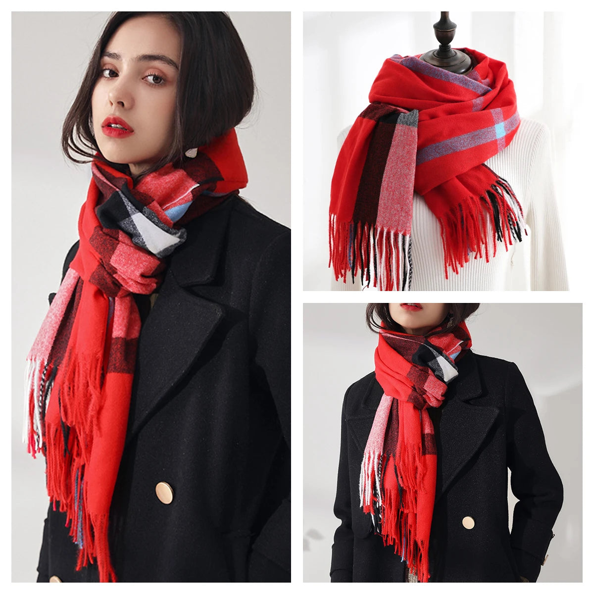 Classic Plaid Blanket Scarf - Cashmere-Feel Large Warm Shawl