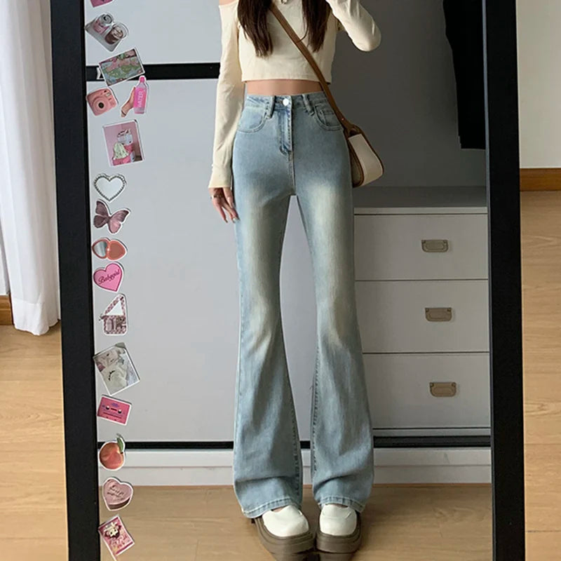 Flare Stretch Bell Bottom Jeans - Gray High Waist Y2K Denim