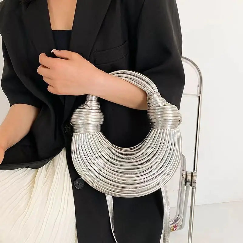 Handwoven Knotted Hobo Bag - Gold Silver Evening Clutch