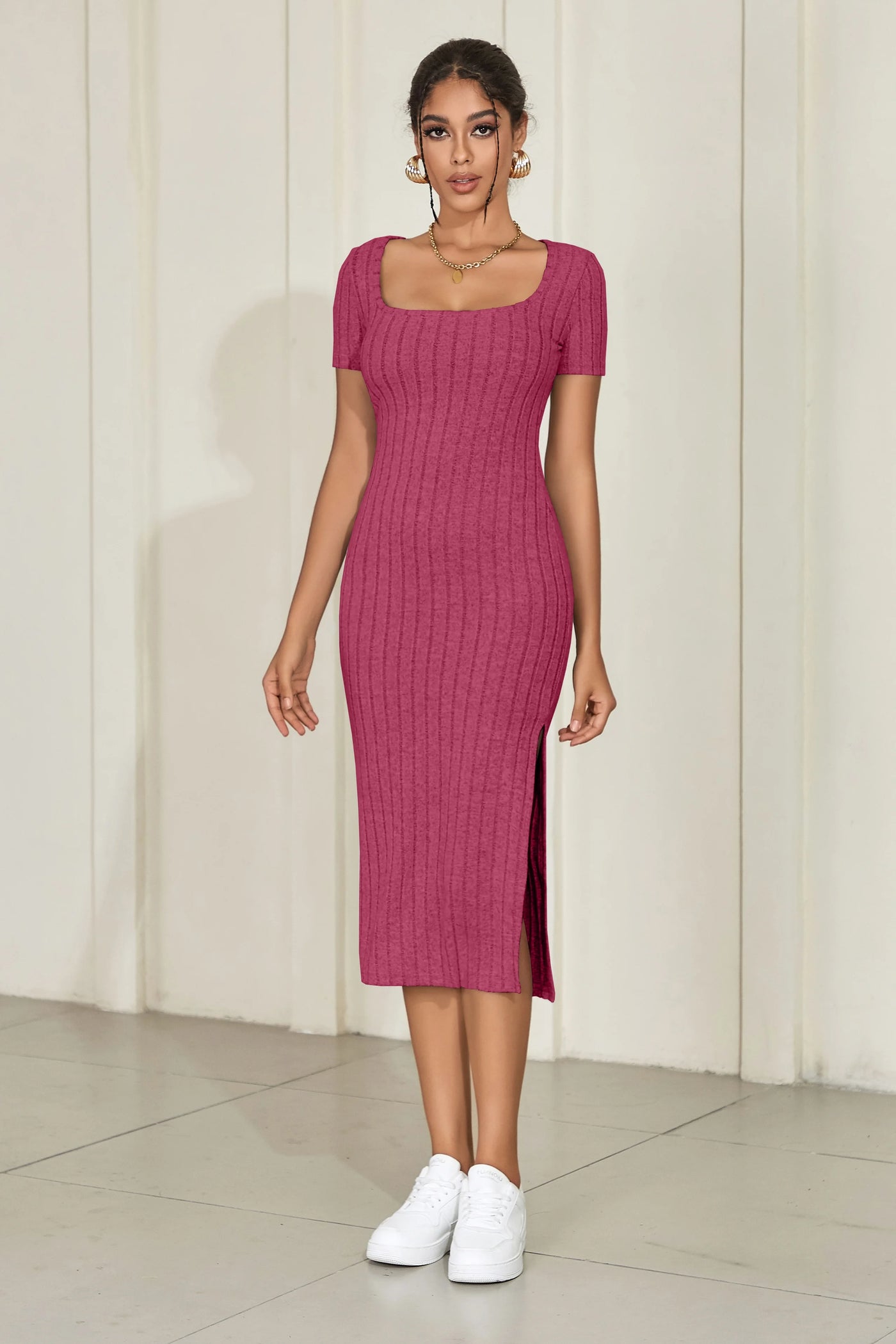 Square Neck Knitted Slit Dress - Short Sleeve Mid-Length Summer Outfit