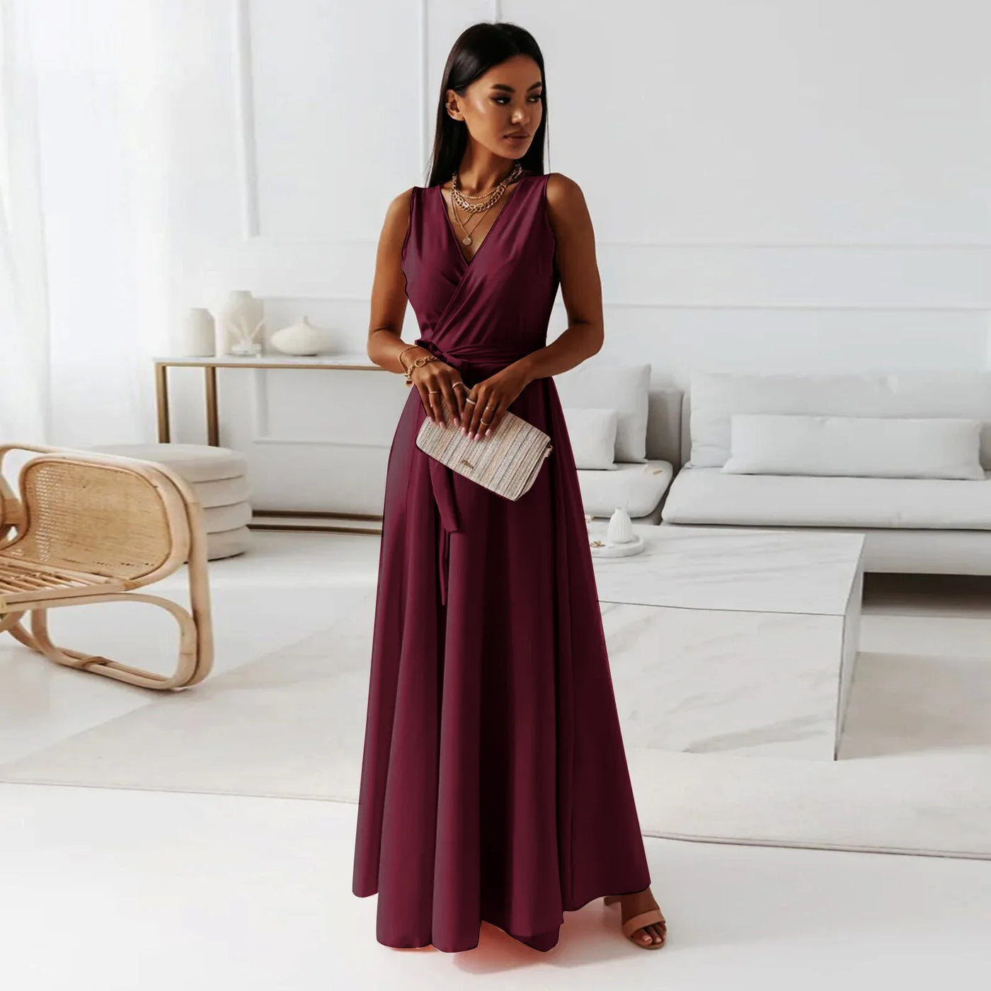 V Neck Lace Up Maxi Dress - Sleeveless Slim Party Outfit