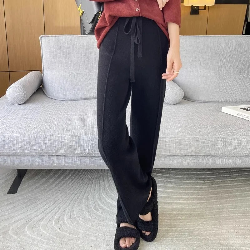 Knitted High Waist Wide Leg Pants - Autumn Winter Straight Trousers