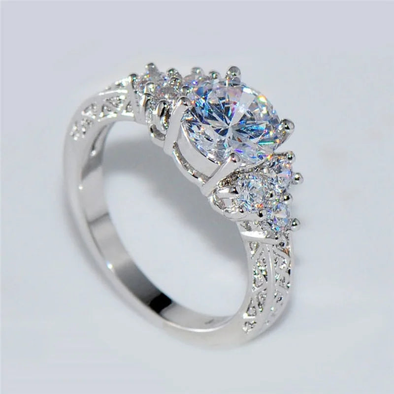 White Zircon Engagement Ring - Silver Color Anniversary Bridal Jewelry