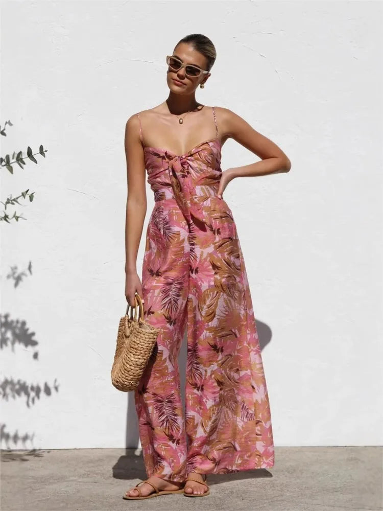 Printed Spaghetti Strap Bowknot Jumpsuit - High Waist Vacation Outfit