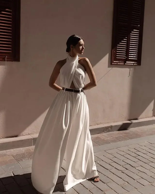 White Backless Wide Leg Jumpsuit - Halter High Waist Streetwear Outfit