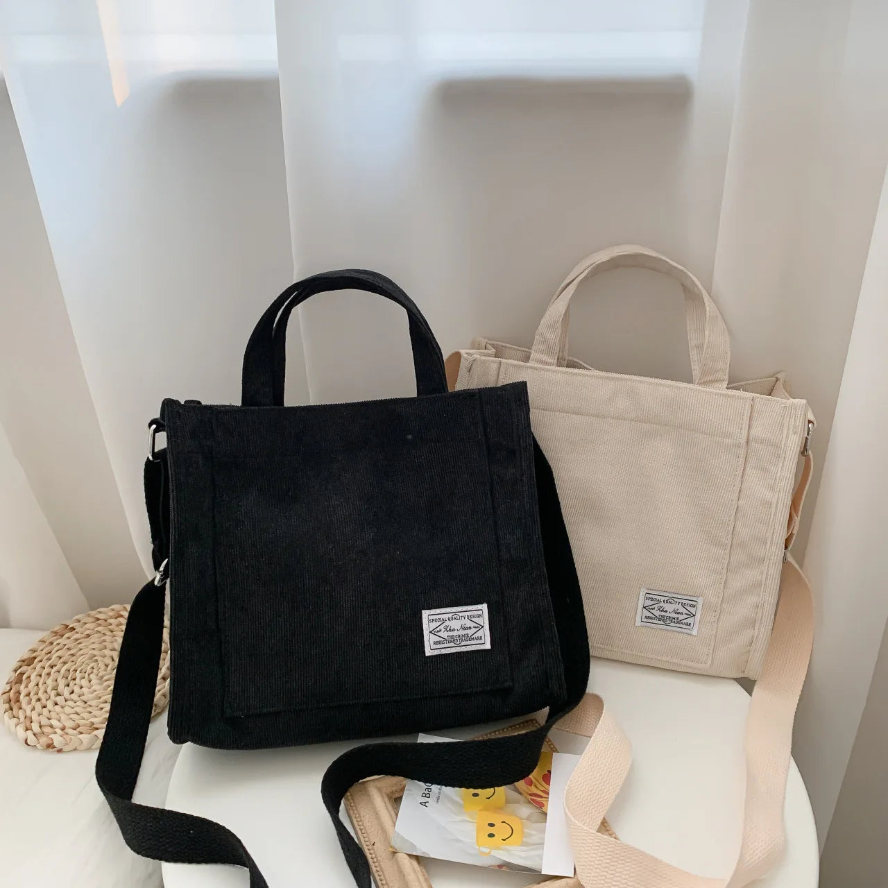 Corduroy Square Crossbody Tote Bag - Casual Travel Organizer Shoulder Bag