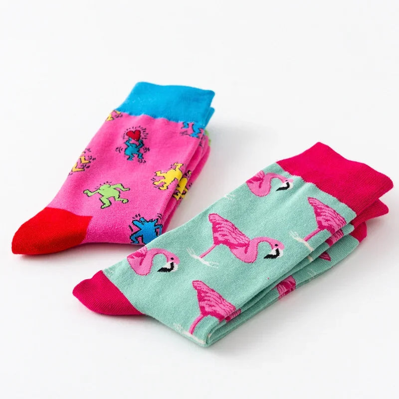 Cartoon Flamingo Cotton Crew Socks - Funny Harajuku Casual Pair